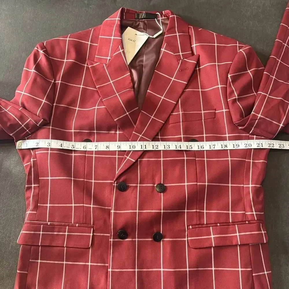 Men’s Check Plaid 3 Piece Suit Double Breasted Peak Lapel 42 Jacket 38 Pants NEW